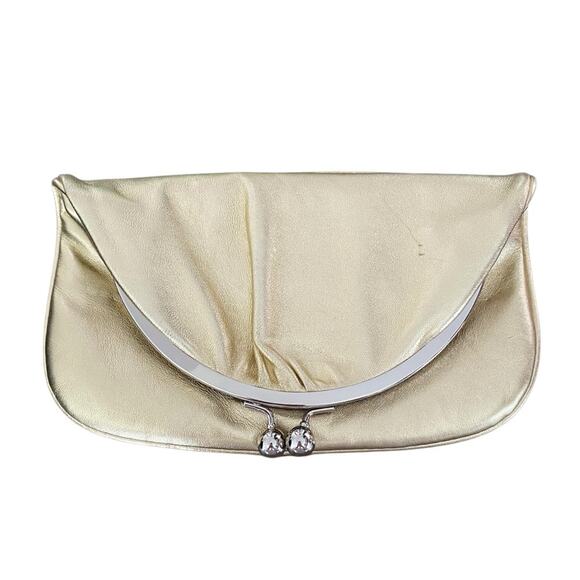 Hobo International Gold Leather Foldover Clutch Purse Handbag - Picture 1 of 10